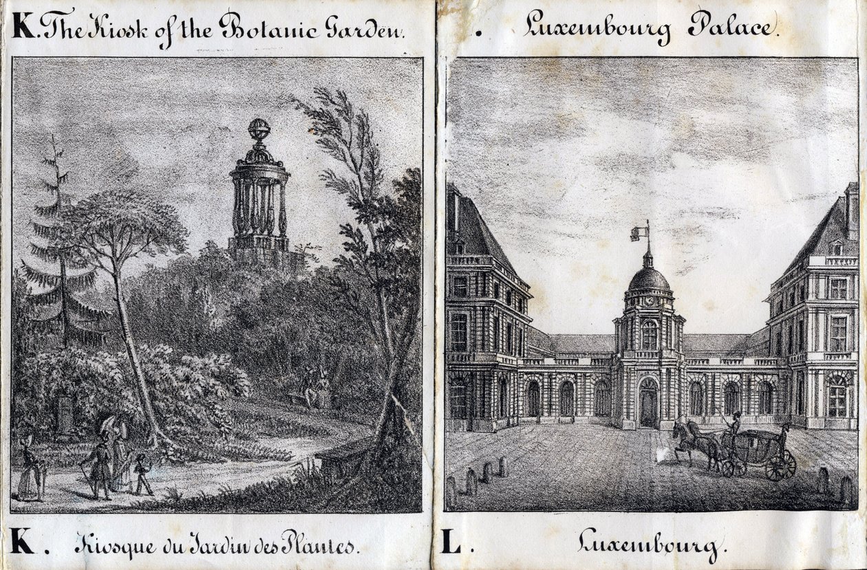 K betű A Jardin des Plantes és az L Palais du Luxembourg kioszkja – "Alphabet Picturesque des Monumens de Paris" 1840 körül (metszet) alkotó: French School