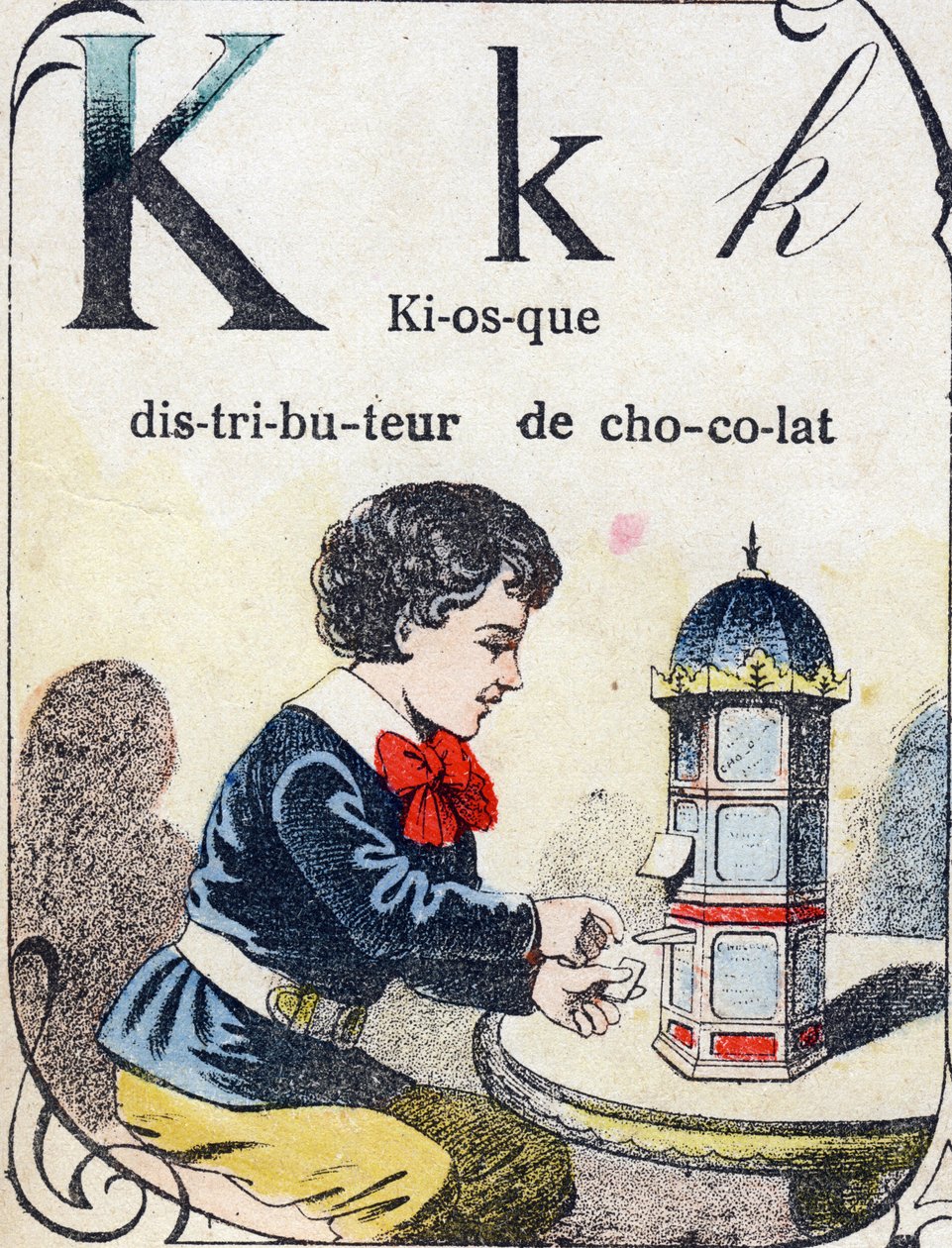 K betű: csokoládéadagoló kioszk. "ABC des joux pour petits boys" gravírozás. Pont-a-Mousson, Louis Vagne, nyomdász-kiadó képalkotása, 19. század vége. Mérete: 32,5x25 cm alkotó: French School