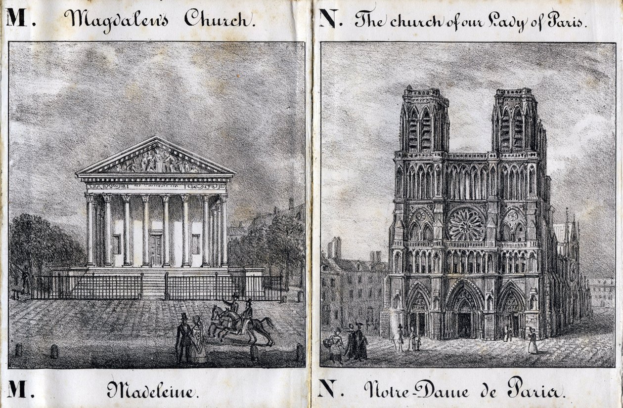 M betű Madeleine és N Notre-Dame de Paris (Notre Dame de Paris) - "Alphabet Picturesque des Monumens de Paris" c.1840 (metszet) alkotó: French School