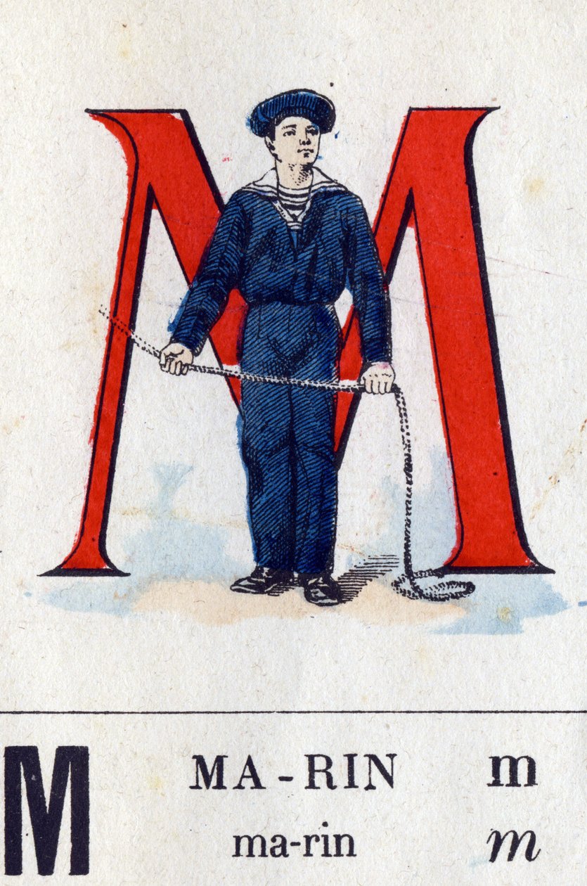 M betű, mint Marin. Katonai ábécé. Epinal képalkotása, 1870-1880 körül. Stencil színű fametszetek alkotó: French School