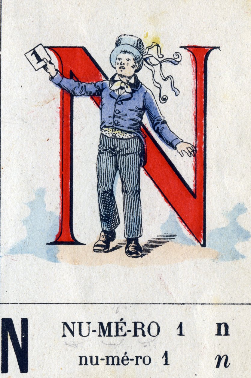N betű 1-es számként. Katonai ábécé . Epinal képalkotása, 1870-1880 körül. Stencil színű fametszetek alkotó: French School