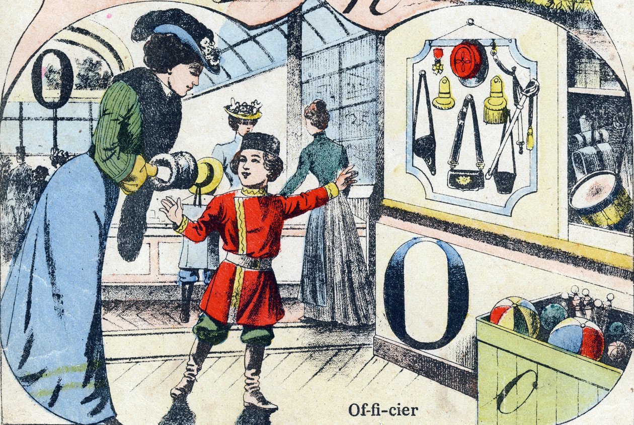 O tiszt levél. "ABC des joux pour petits boys" gravírozás. Pont-a-Mousson, Louis Vagne, nyomdász-kiadó képalkotása, 19. század vége. Mérete: 32,5x25 cm alkotó: French School