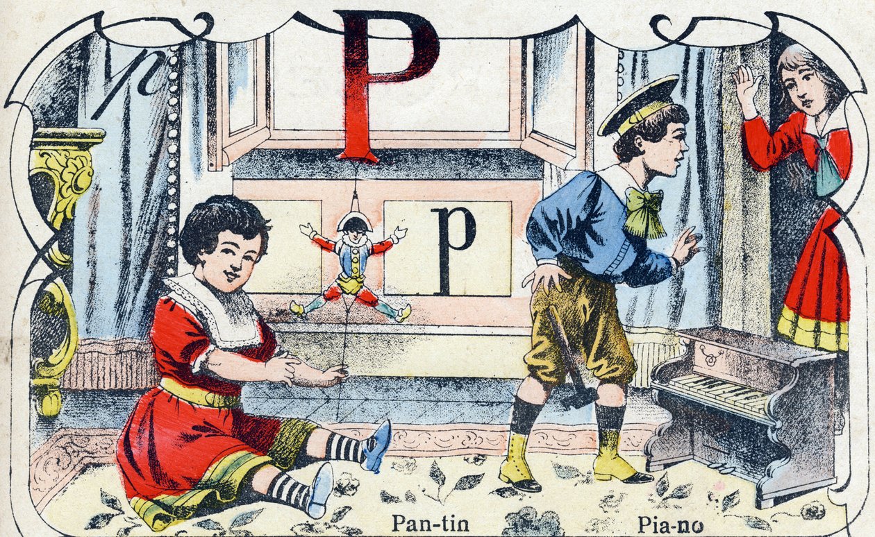 P betű Pantin Piano. "ABC des joux pour petits boys" gravírozás. Pont-a-Mousson, Louis Vagne, nyomdász-kiadó képalkotása, 19. század vége. Mérete: 32,5x25 cm alkotó: French School