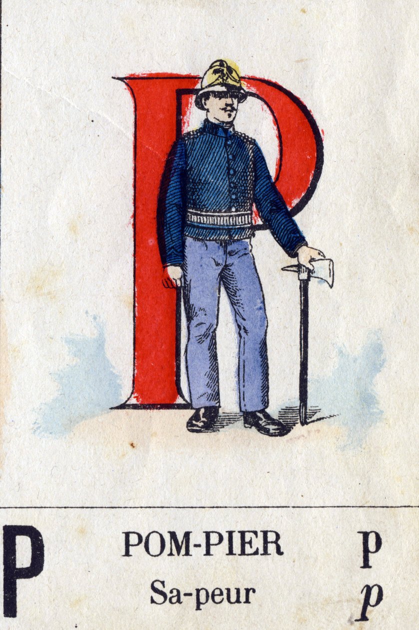 P betű, mint tűzoltó. Katonai ábécé. Epinal képalkotása, 1870-1880 körül. Stencil színű fametszetek alkotó: French School