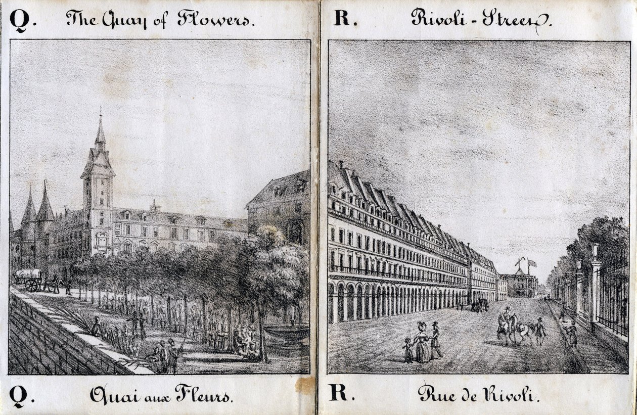 Levél Q és A: A virágdokk és a Rivoli utca - "Alphabet Picturesque des Monumens de Paris" c.1840 (metszet) alkotó: French School