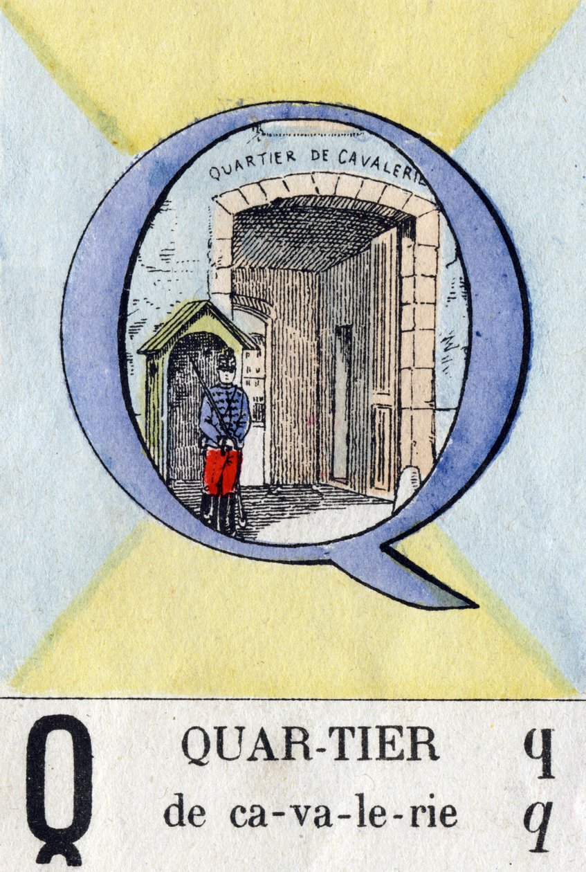 Q betű mint szomszédság. Katonai ábécé. Epinal képalkotása, 1870-1880 körül. Stencil színű fametszetek alkotó: French School