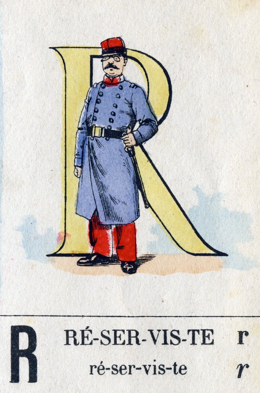 R betű mint tartalékos. Katonai ábécé. Epinal képalkotása, 1870-1880 körül. Stencil színű fametszetek alkotó: French School