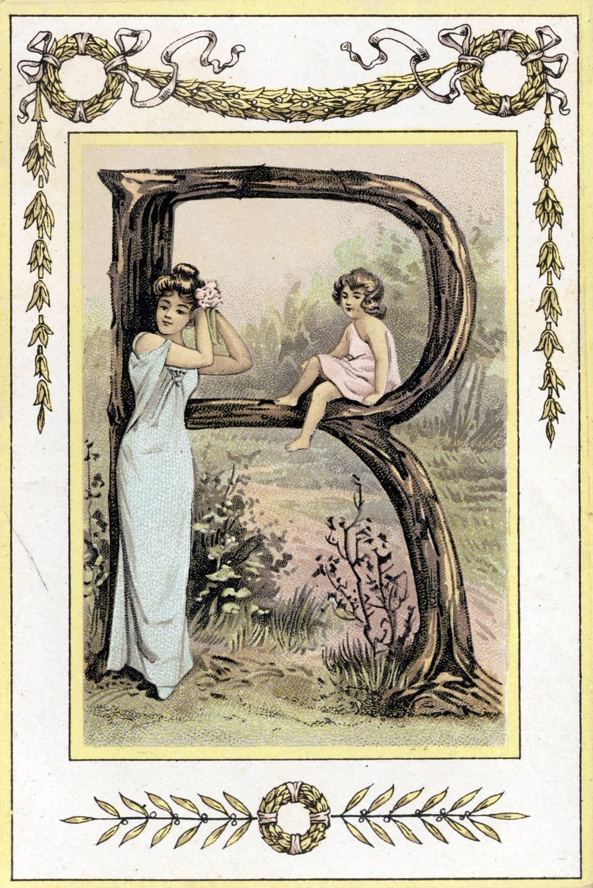 Az anyát és lányát ábrázoló R betű, 19. század vége (kromolitográfia) alkotó: French School