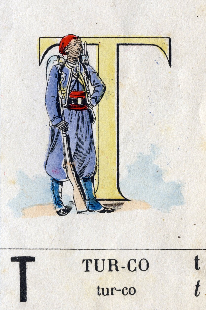 T betű, mint a turco. Katonai ábécé. Epinal képalkotása, 1870-1880 körül. Stencilezett fametszet alkotó: French School