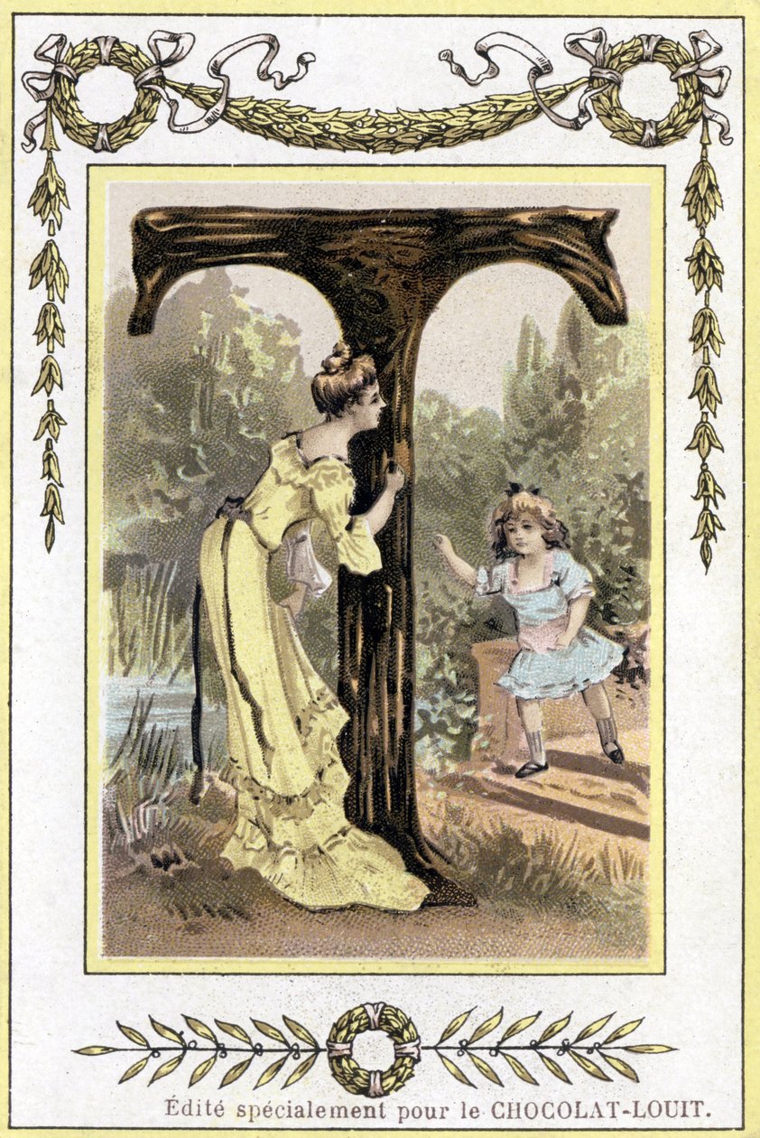 T betű, amely egy anyát és bújócskát játszó lányát ábrázolja, 19. század vége (kromolitográfia) alkotó: French School