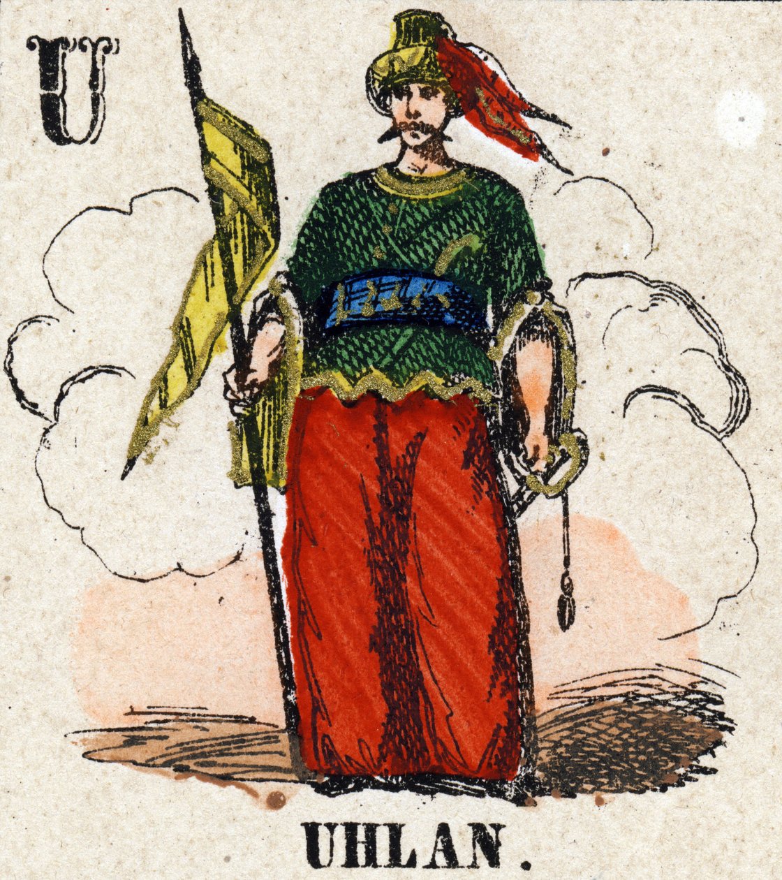 Az U betű, mint Uhlan. Kis enciklopédikus ábécé. Epinal képalkotása, 1860 körül. Fametszet, stencilezett, aranyozással. Mérete: 37,8x50,3 cm. Magángyűjtemény alkotó: French School