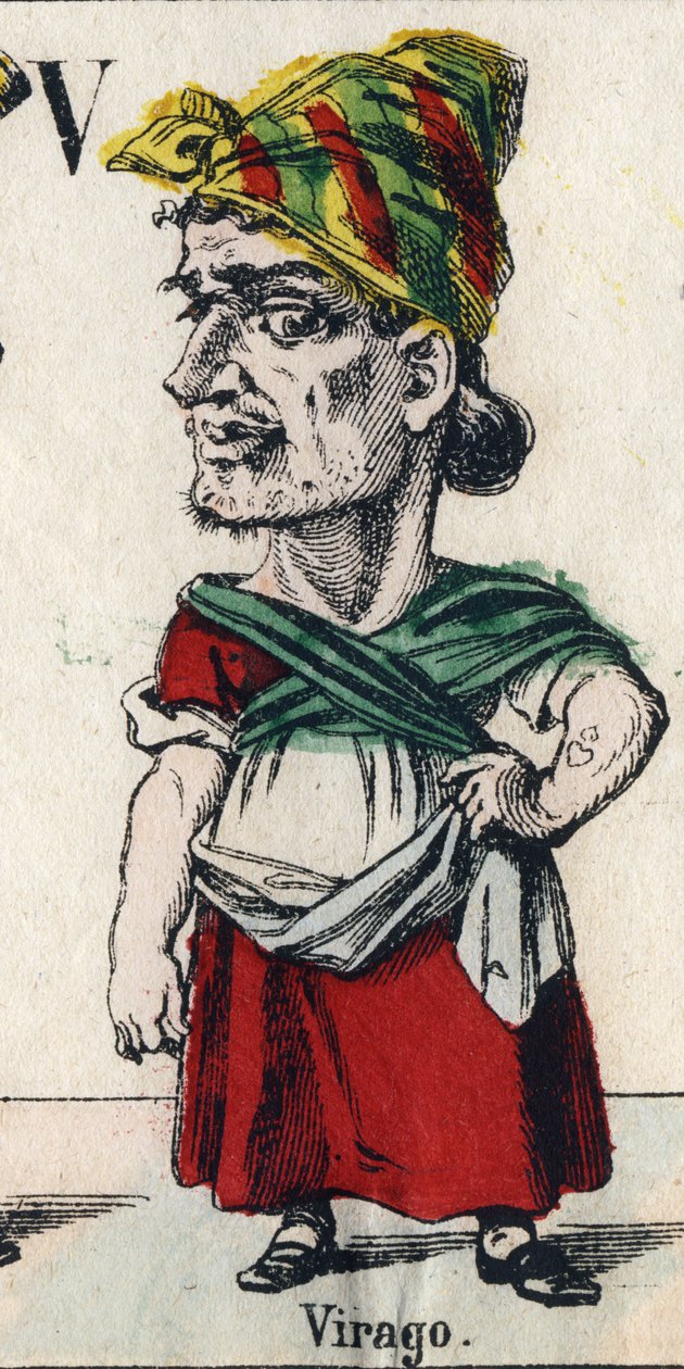 V. betű: Virago (Becstelenítés szerint nagy termetű lány vagy nő, akinek férfias modora van). Gravírozás „” Comic Alphabet”-be”. Új Epinal képalkotás. Litográfia Pinot et Sagaire, szerkesztők, 1860 és 1888 között. 491. sz. tábla 25 világító betűvel. Homály alkotó: French School