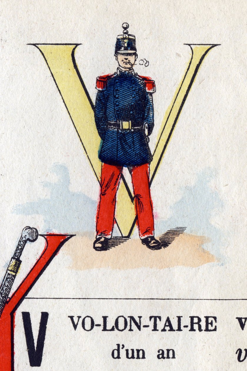 V betű önkéntesként. Katonai ábécé. Epinal képalkotása, 1870-1880 körül. Stencil színű fametszetek alkotó: French School