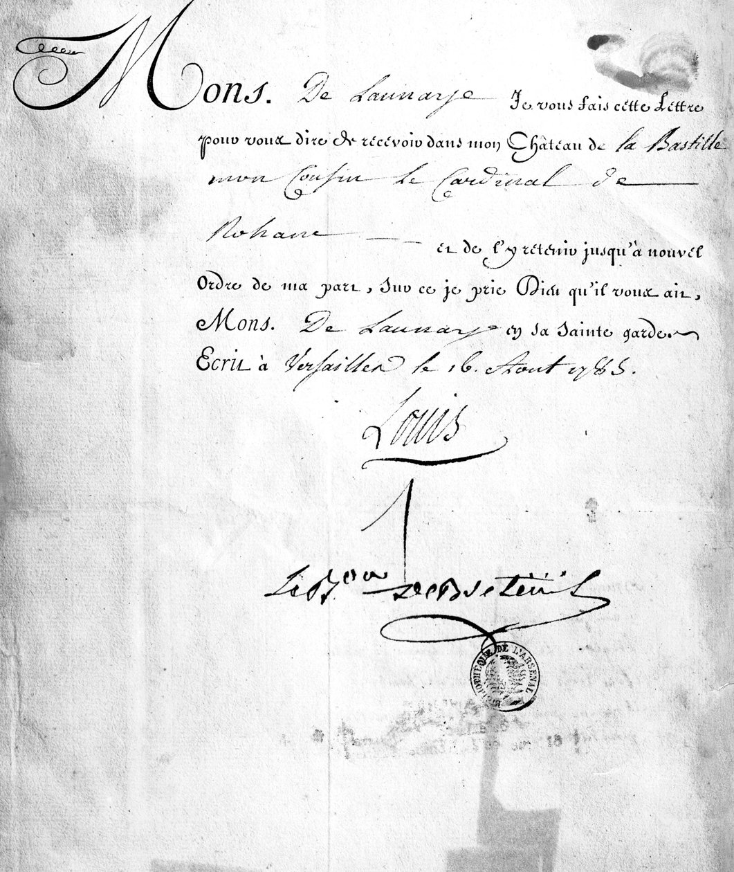 Carhel levele, amelyet Louis de Breteuil báró írt alá, és elrendeli de Rohan bíboros bebörtönzését a „The Affair of the Diamond Necklace”-ben, 1785. augusztus 26. (tintával, papíron) alkotó: French School