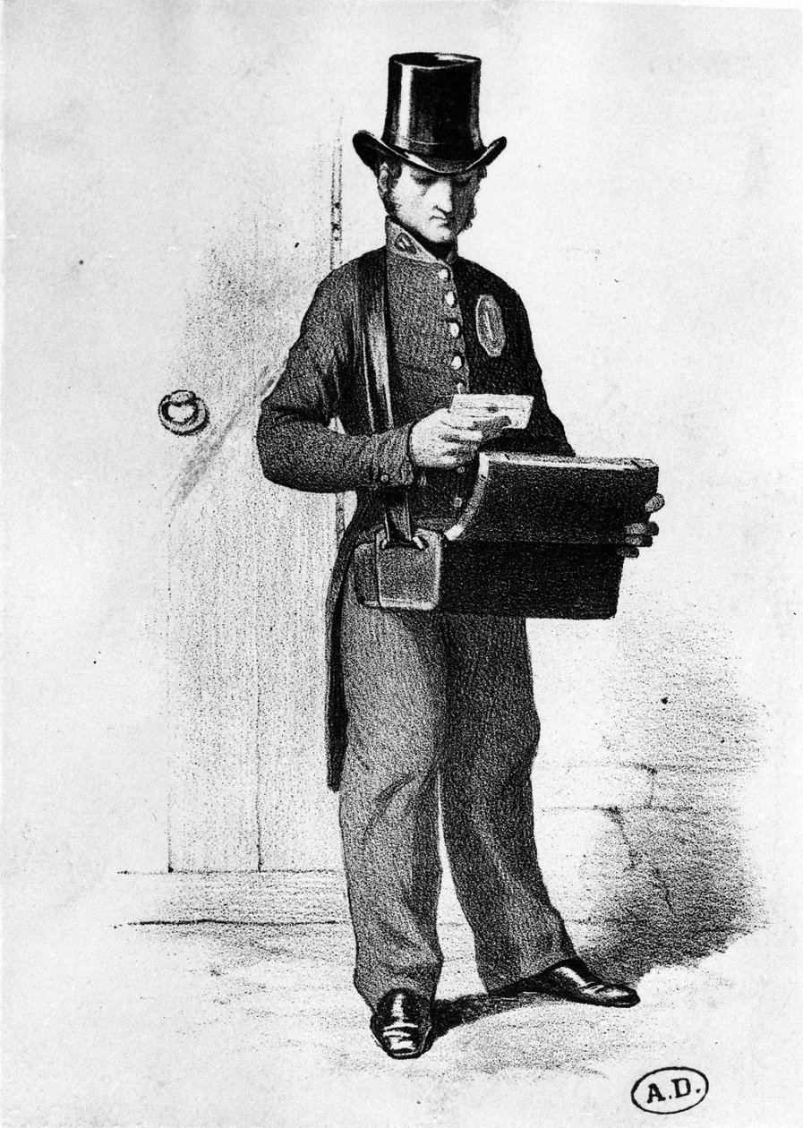 Levéltartó: postás 1850 körül - metszet, Bibl. des Arts deco. alkotó: French School