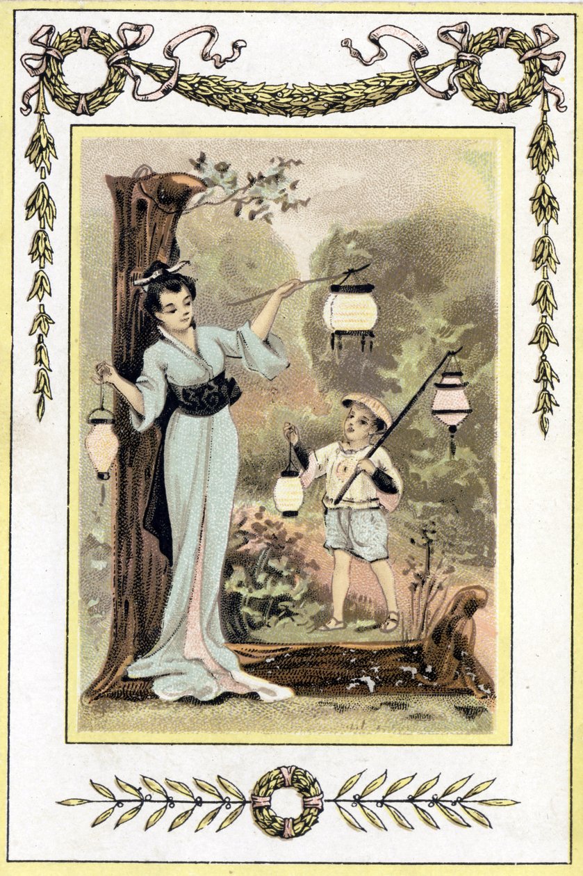 Egy japán anyát és fiát ábrázoló levél lámpásokkal, 19. század vége (kromolitográfia) alkotó: French School