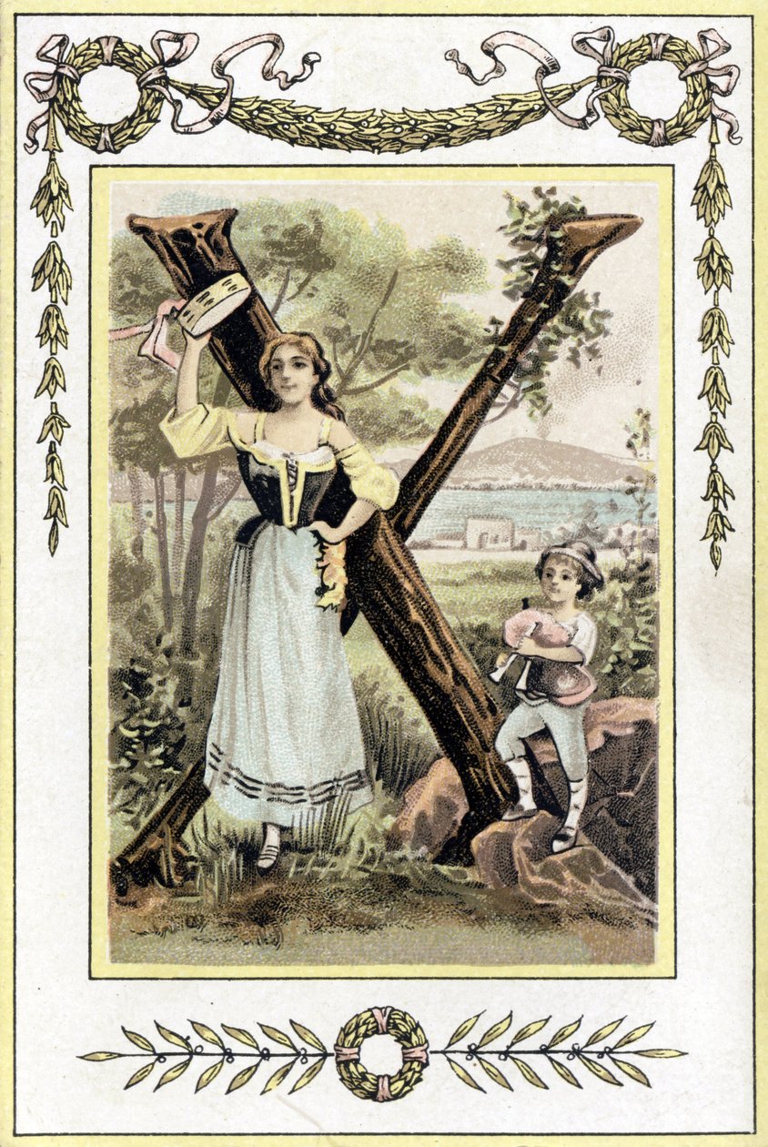 Levél, amely egy timpános anyát és fiát dudás pásztorban ábrázol, 19. század vége (kromolitográfia) alkotó: French School