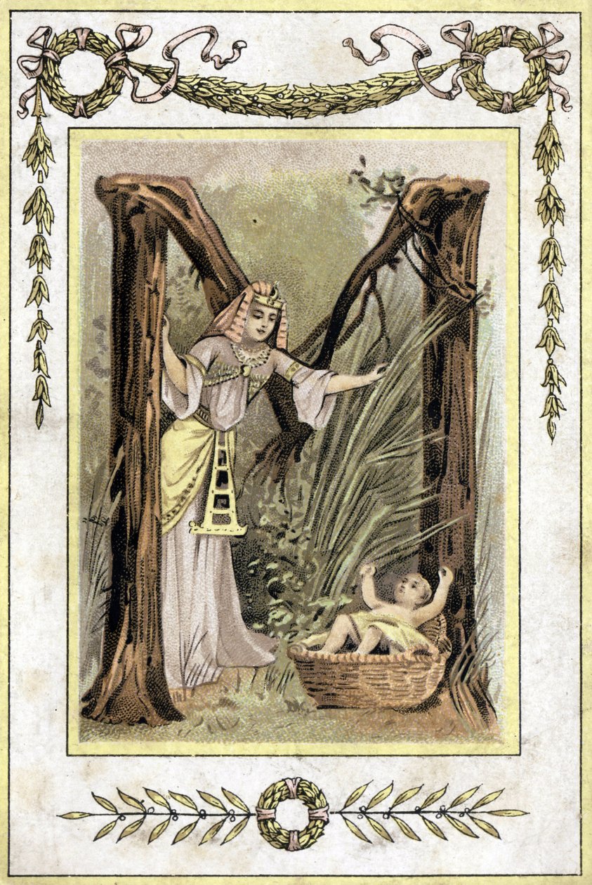 Egy egyiptomi anyát ábrázoló levél, aki egy elhagyott gyermeket talált (Mózes megmenti a vizet), 19. század vége (kromolitográfia) alkotó: French School