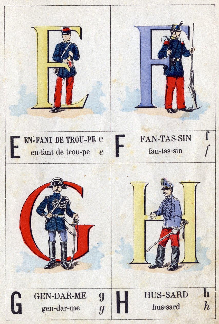 E betű mint csapatgyerek, F mint gyalogos, G mint gyalogos és H mint huszár. ABC katonaság. Az Epinal képalkotása alkotó: French School