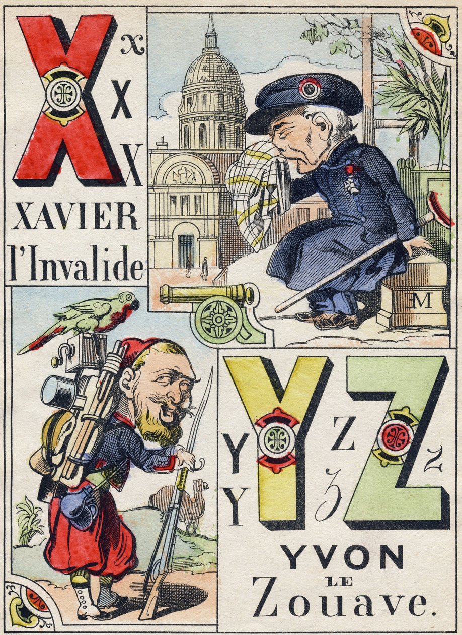 X Y Z betűk: Xavier the invalid és Yvon the Zouave. Metszet "Comic Military Alphabet"-ben. Ötödik sorozat. Epinális képalkotás. Pellerin & Cie, Nyomtatók, Epinal, 19. század vége. 16 oldal. Mérete: 25x18,5 cm alkotó: French School