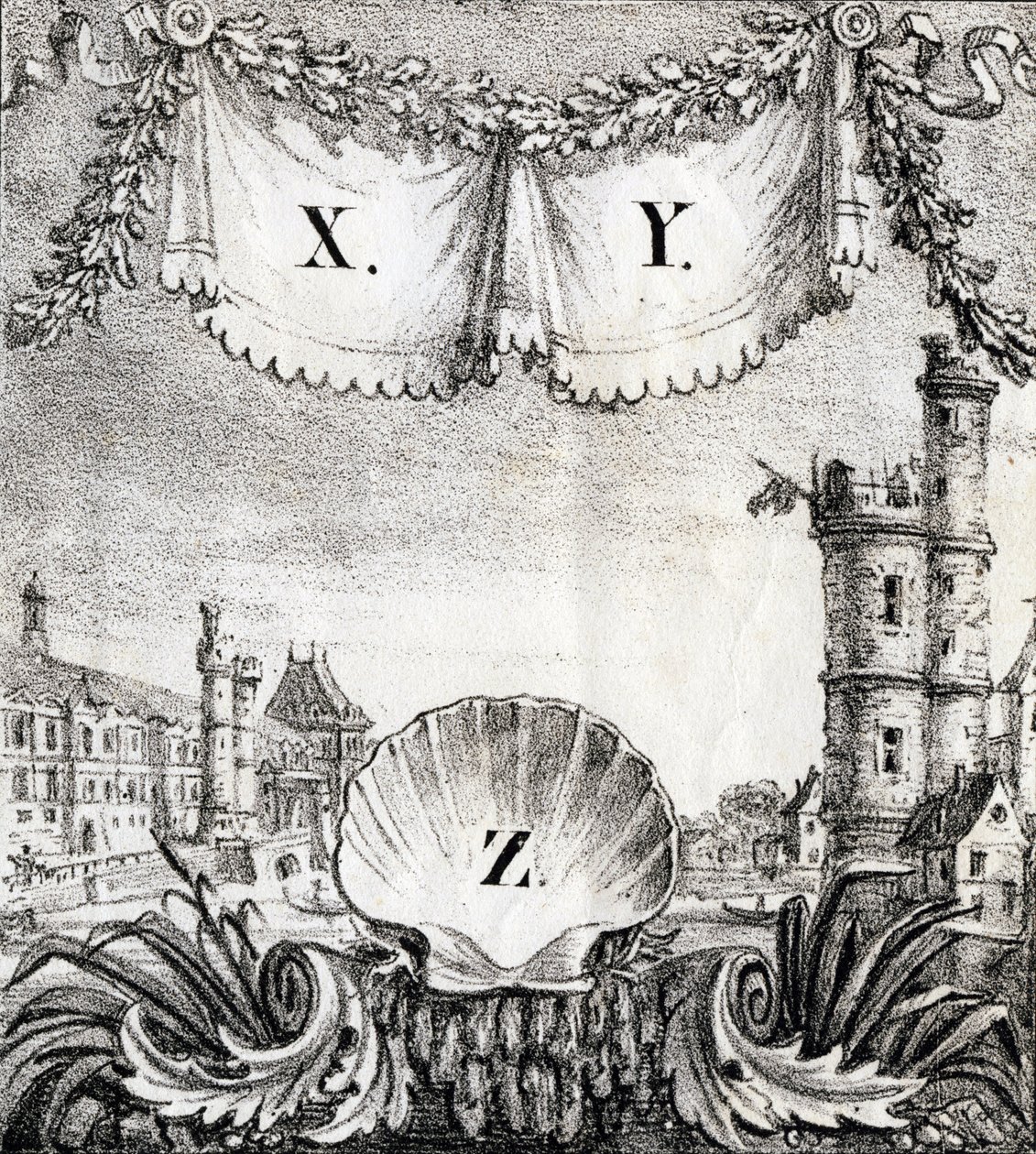X, Y és Z betűk: Párizs 1500-ban - "Alphabet Picturesque des Monumens de Paris" 1840 körül (metszet) alkotó: French School