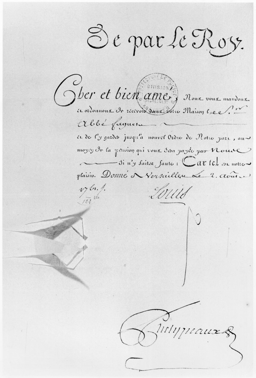 XV. Lajos király levele Faguer apát bebörtönzésére, 1761. augusztus 2. (toll és tinta papíron) alkotó: French School