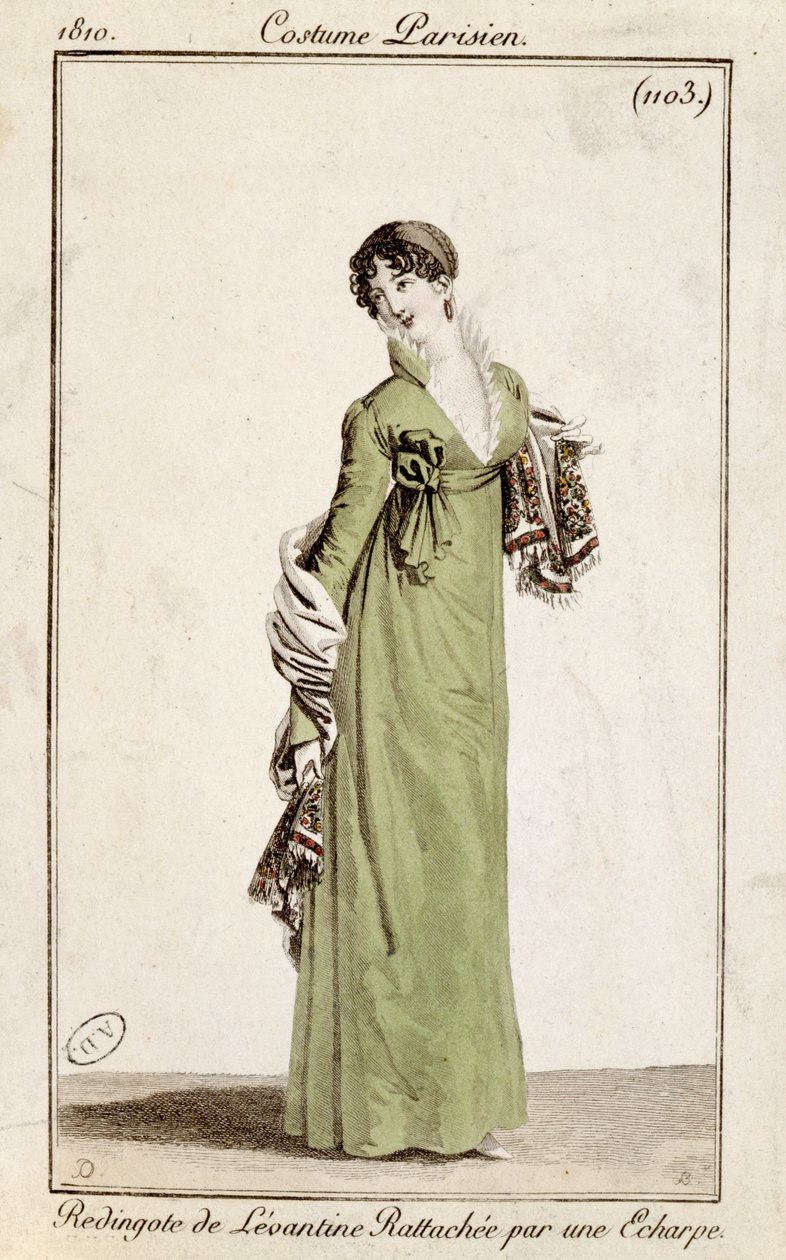 Levantei kabát sállal rögzítve, divattányér a Costume Parisienből, 1810 alkotó: French School