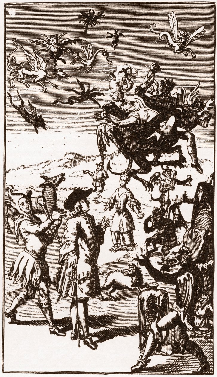 A démonok megidézése, Laurent Bordelon (1653-1730) „Monsieur Oufle extravagáns képzeletének története” című metszet 1710-ből alkotó: French School