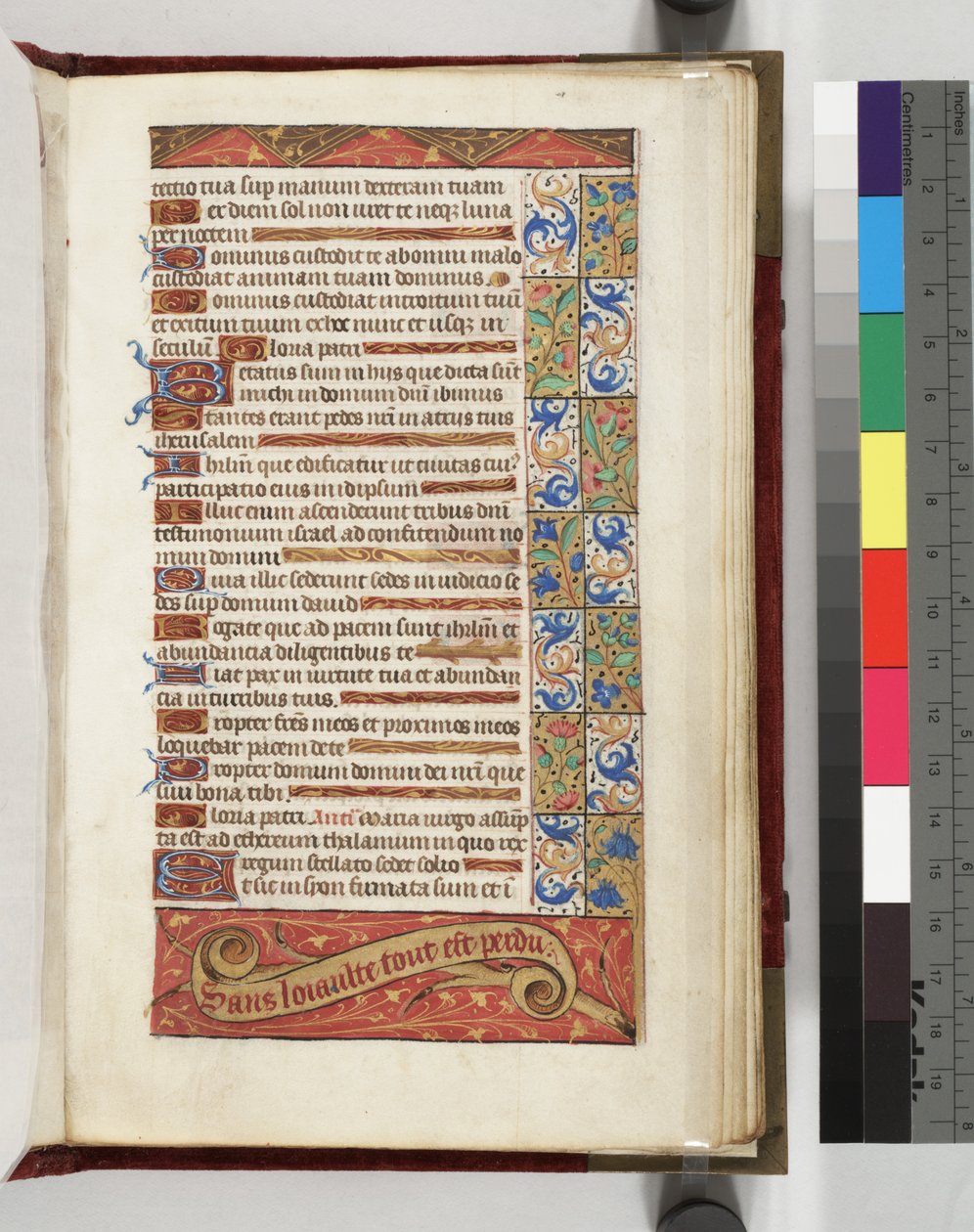 Lewis E 113 f.20r Díszített szöveges oldal Hűség nélkül mottóval minden elveszett, 1500-15 alkotó: French School
