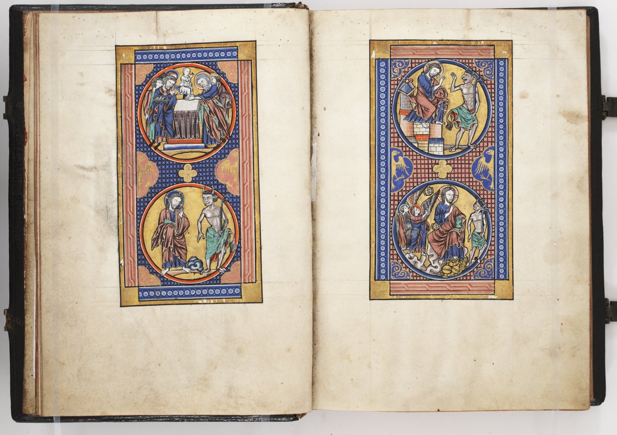 Lewis Psalter ff.8v-9r, Bemutató a templomban és Krisztus három megkísértése, 1225-40 körül (tempera és arany pergamen) alkotó: French School