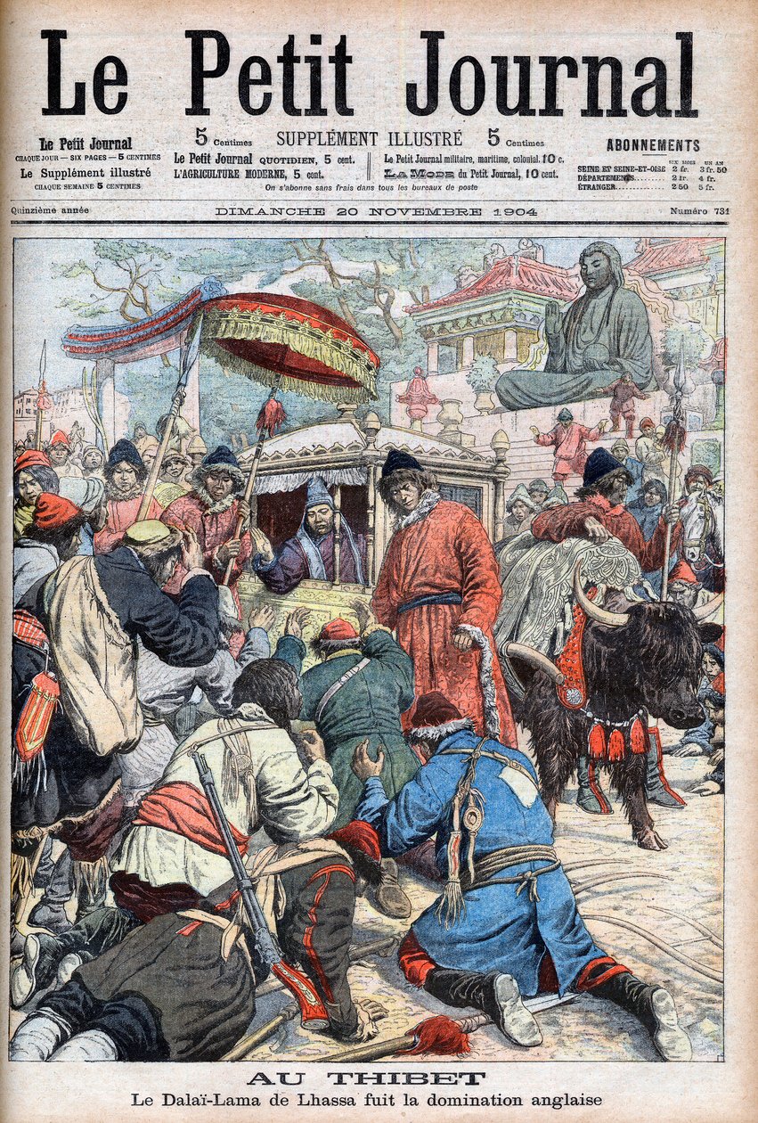 Lhásza 13. dalai láma (Thubten Gyatso) (1876-1933), aki az angol uralom elől menekül a november 20-i "Le Petit Journal"-ban alkotó: French School