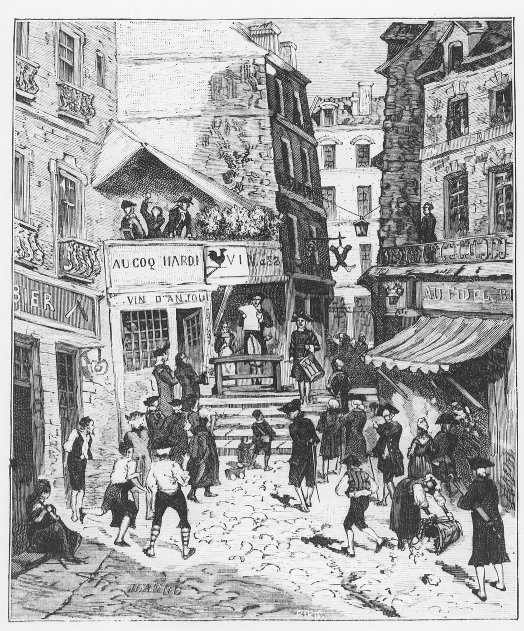 Párizsi élet XV. Lajos korában: a párizsi prevotok és echevinek rendeletét dobszóval olvasták fel és tették közzé – Gerouillac „Paris a travers les centuries” című könyvében alkotó: French School