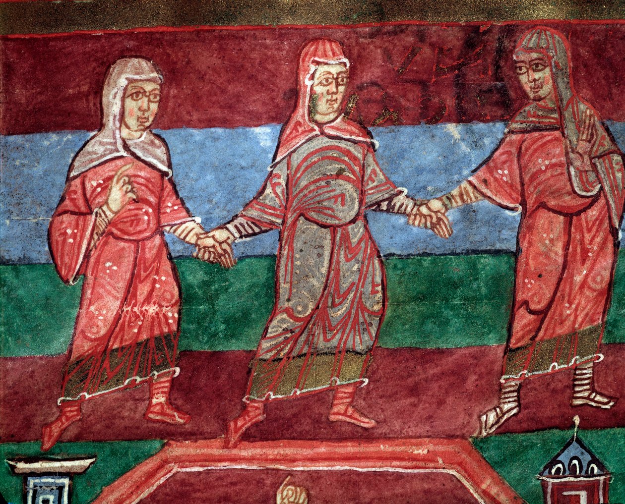 Poitiers-i Szent Radegund élete, nők táncolnak és világi dalokat énekelnek (miniatűr alkotó: French School