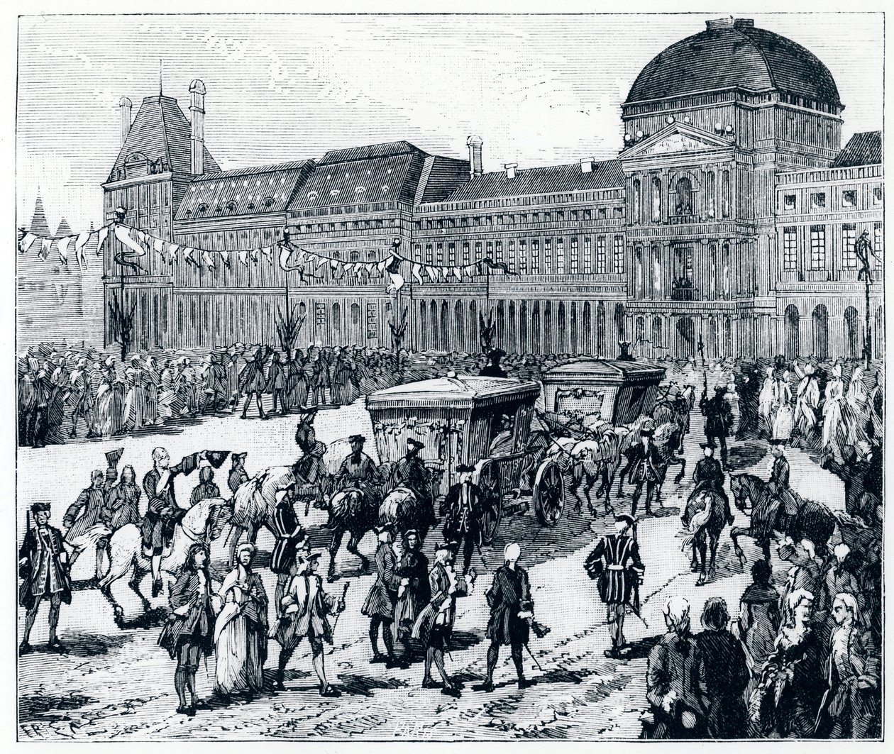 XV. Lajos élete: a király megérkezik a Palais des Tuileries-ba, ahol a királynő és a delfin várja – Genouillac „Párizsban az évszázadokon át” alkotó: French School
