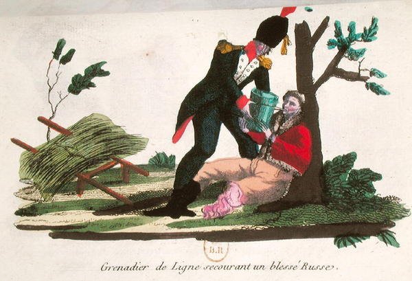 Gránátos egy sérült orosz katonán segít (színes metszet) alkotó: French School