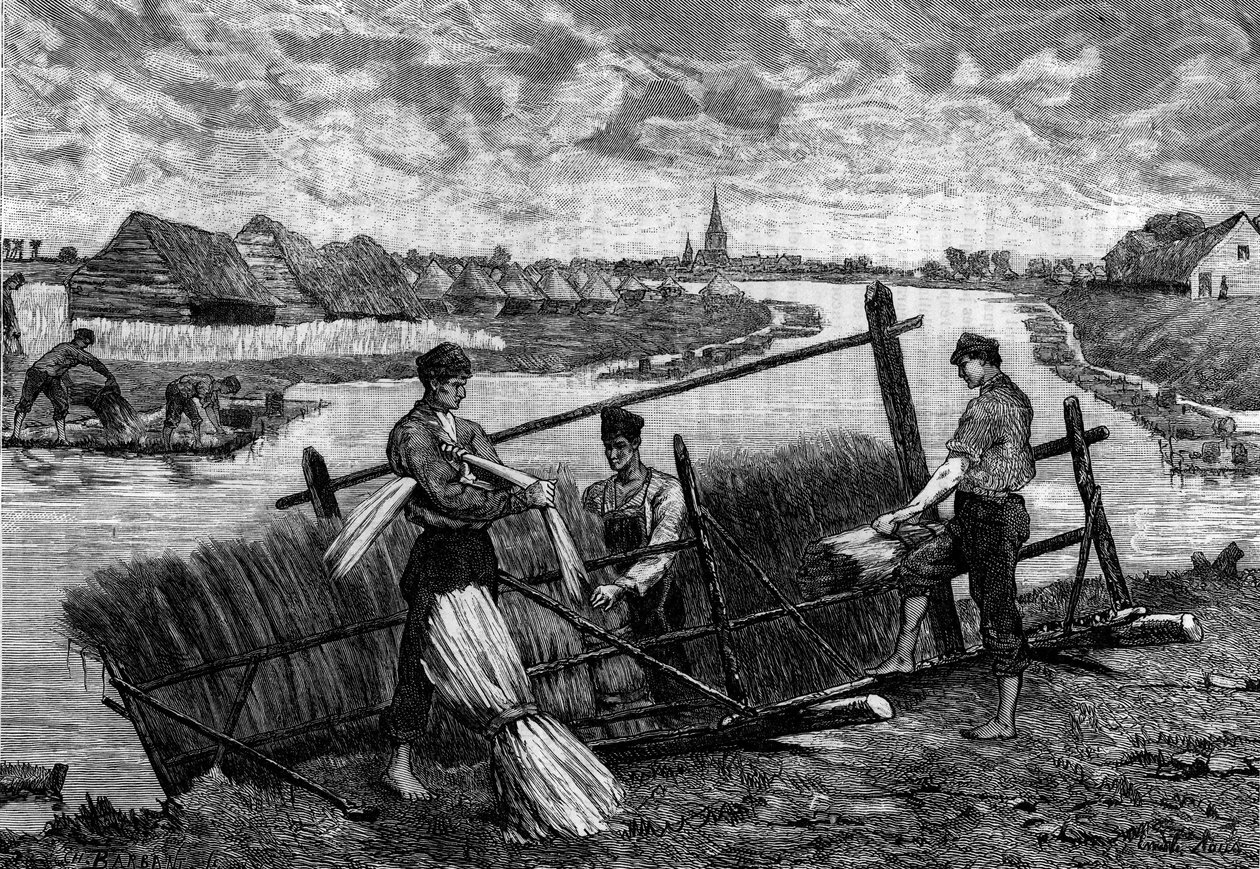 Ágynemű: a Riviere Lys-ben rohanó vászon. Metszet a „Le Journal de la jeunesse”-ben alkotó: French School