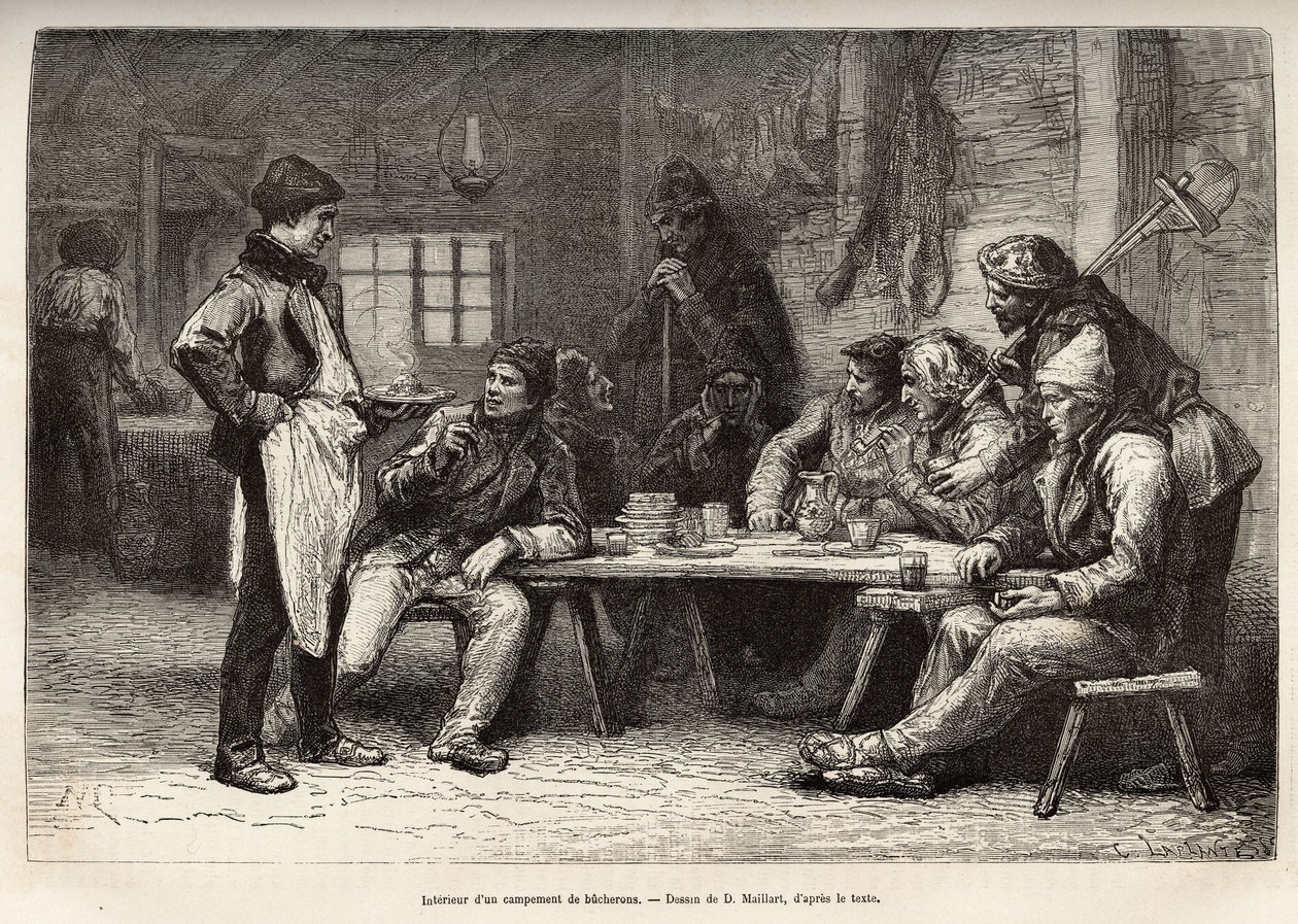 Egy ontariói woodcheron tábor belseje, metszet D.Maillard rajza után, amely a kanadai és a Northern Red River-i kirándulást illusztrálja, H. De Lamotte 1873-ban, megjelent a „Le world tour”” 1875-ben. , szerkesztette Edouard alkotó: French School