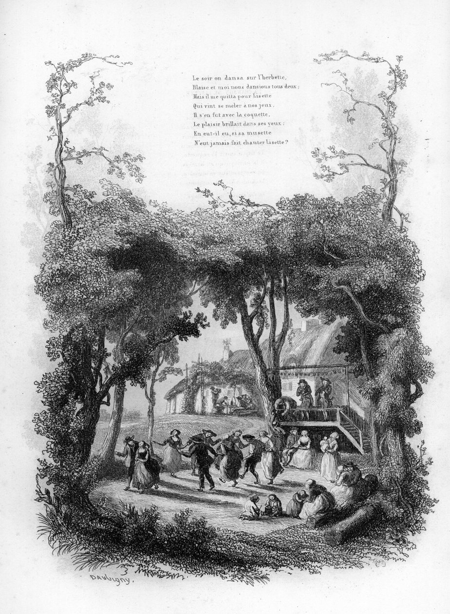 Lisette dal. Buli és tánc egy vidéki faluban. Gravírozás „” Chants et chansons populaire de la France””, 2. kötet alkotó: French School