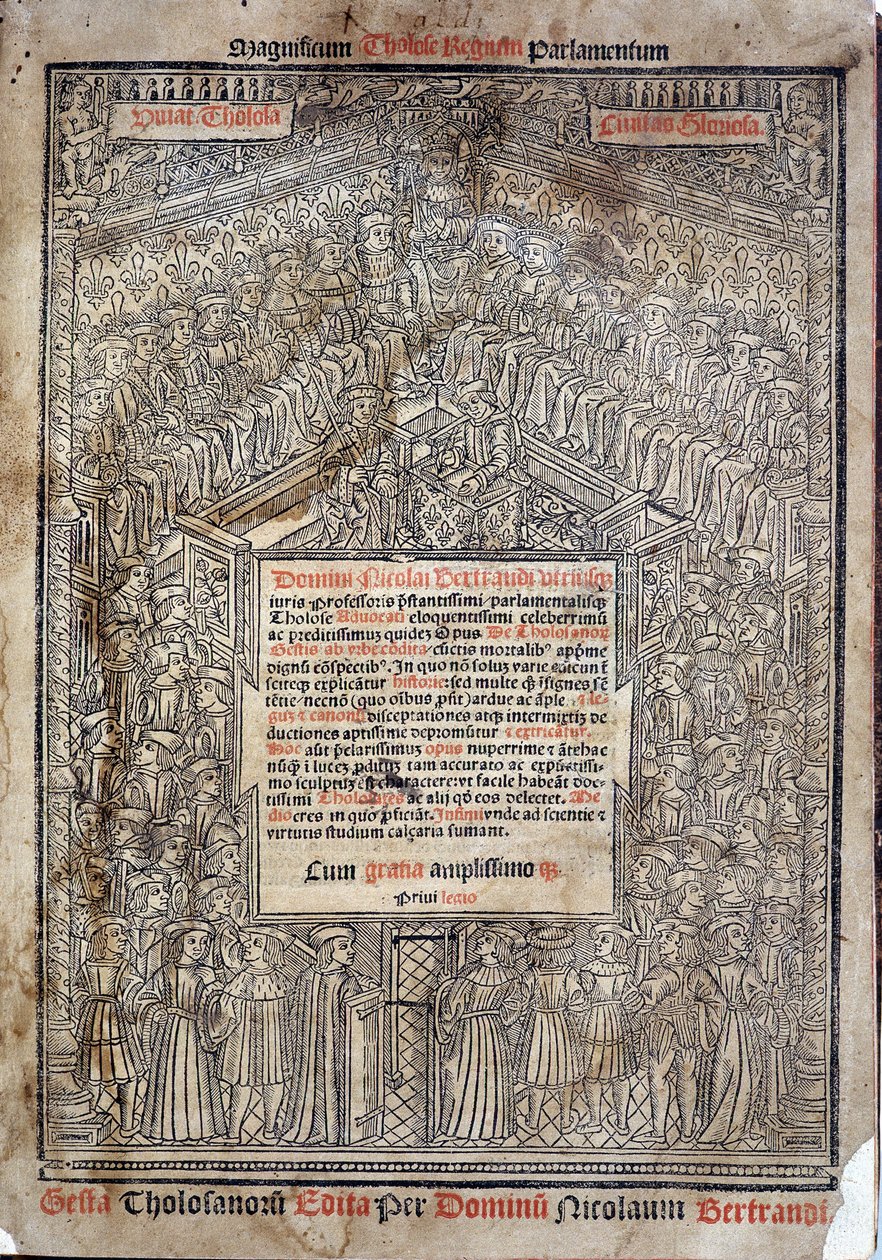 A toulouse-i parlamentben az igazságszolgáltatásról szóló perirat a "De Tholosanorum Gestis"-ben, Nicolas Bertrand, Toulouse alkotó: French School
