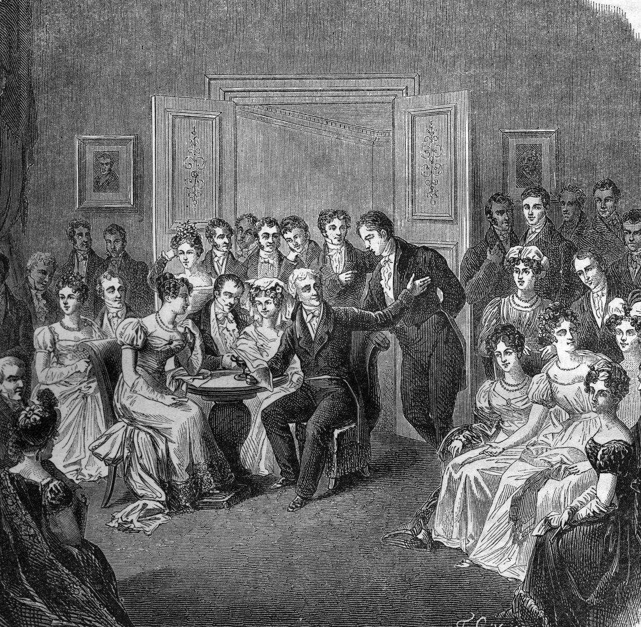Irodalmi szalon a 19. században: Francois Auguste Parceval de Grandmaison (Parceval Grandmaison, Parceval-Grandmaison) (1759-1834) verseket olvas „Philippe Auguste” című verséből a larochefoucauldi régi szálloda társalgójában 1824-ben. alkotó: French School