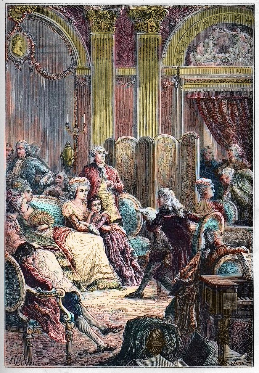 Irodalmi szalon – Jacques-Henri Bernardin, Saint-Pierre (Szent Pierre) „Paul és Virginie” felolvasása Madame Necker párizsi szalonjaiban – Necker asszony mellett, férje, Jacques Necker és lánya, Germaine, később Mme de. Stael - Előadás alkotó: French School