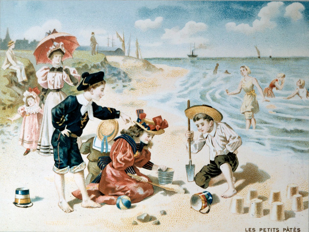 Kis tészta: a gyerekek a strandon játszanak a homokkal. Illusztráció a 20. század elejéről (kromolito) alkotó: French School