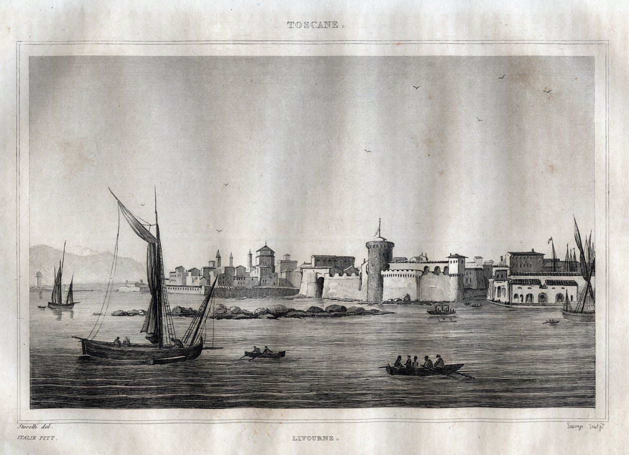 Livorno - Livorno - Toszkána - Metszet a „festői Olaszországból”, M. de Norvins, Ch. Nodier 1834-1836. alkotó: French School