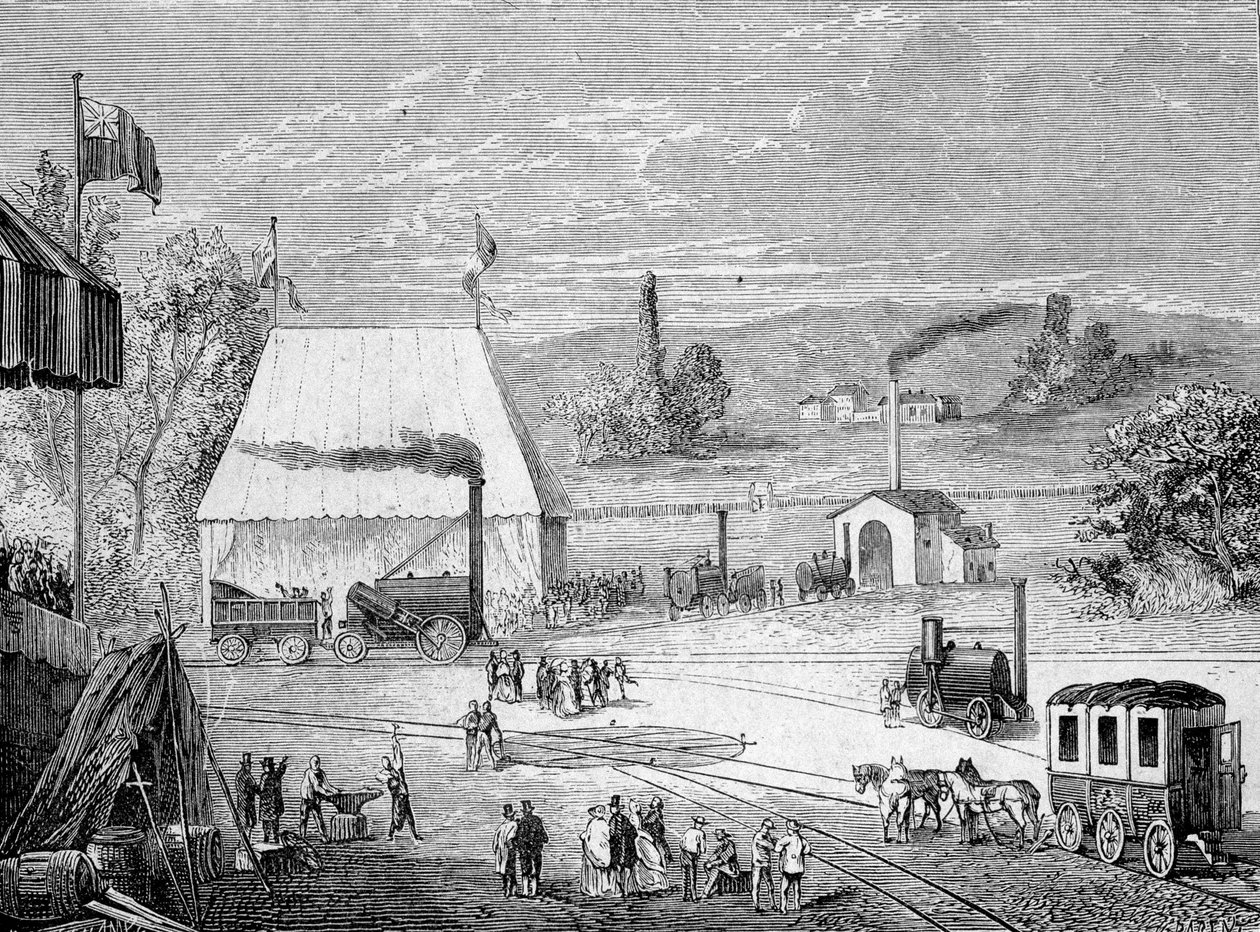 mozdonyverseny Liverpoolban, 1829 októberében - a Tudományos Albumban; jeles tudósok; Nagy felfedezések””” 1896. alkotó: French School
