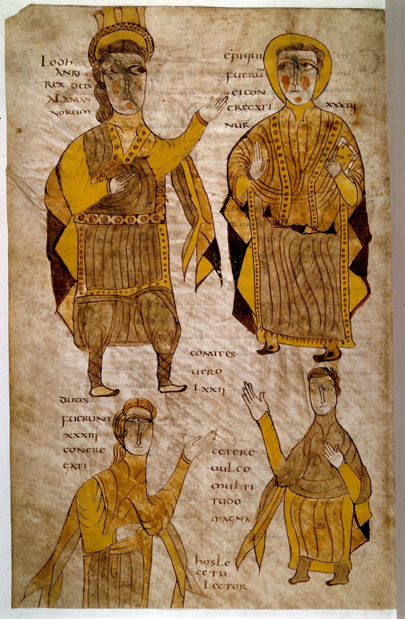 Lodhanri, az alamanok (vagy alemanok: germán törzs) királya egy eveque-t, egy herceget és egy grófot vesz körül. Kézirat „Alari breviárium és más jogi szövegek” (folio 197v), Franciaország, Vallee de la Loire (?), 803-814. Paris, B N alkotó: French School