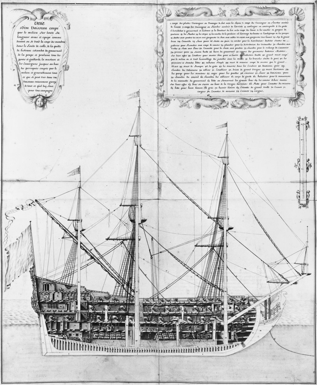 Fegyveres és felszerelt hajó hosszmetszete, Atlas de Colbert illusztráció, 47. tábla alkotó: French School