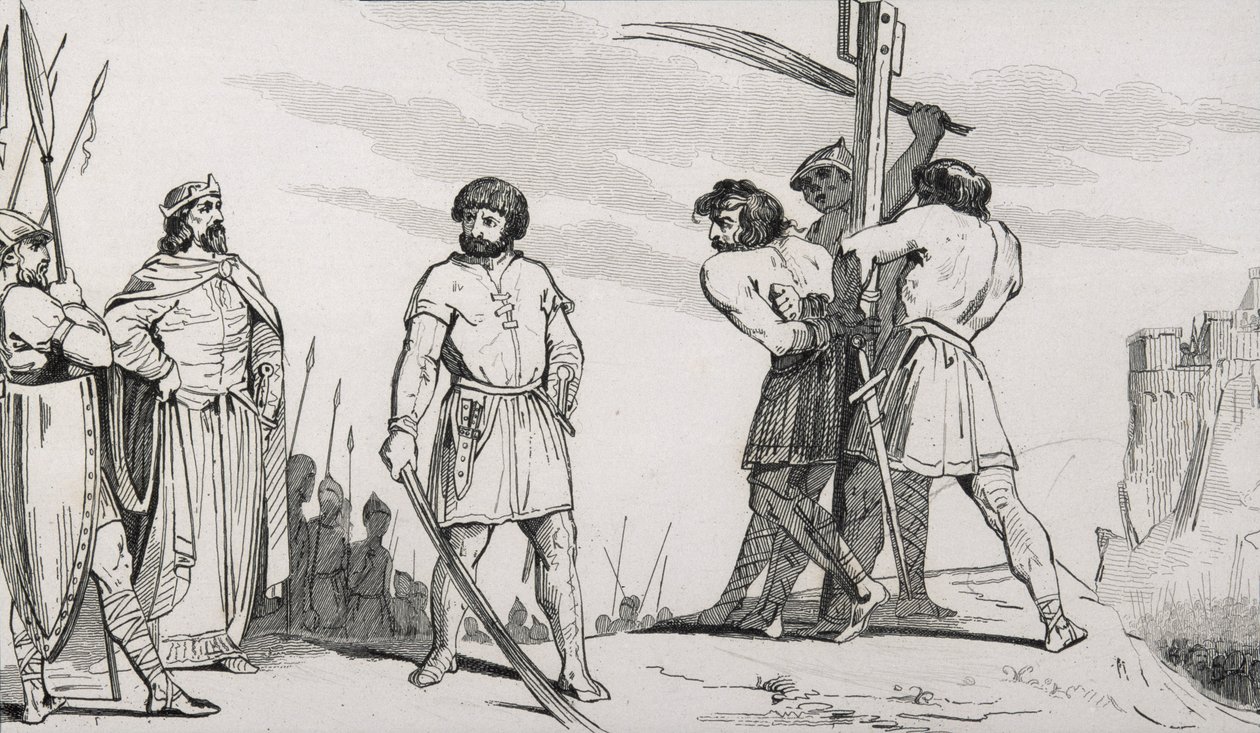 Lord Bodillont megkorbácsolják, miután panaszkodott II. Childeric (653-73) adóemeléséről, Colart „Histoire de France” című művéből, 1840 körül. alkotó: French School