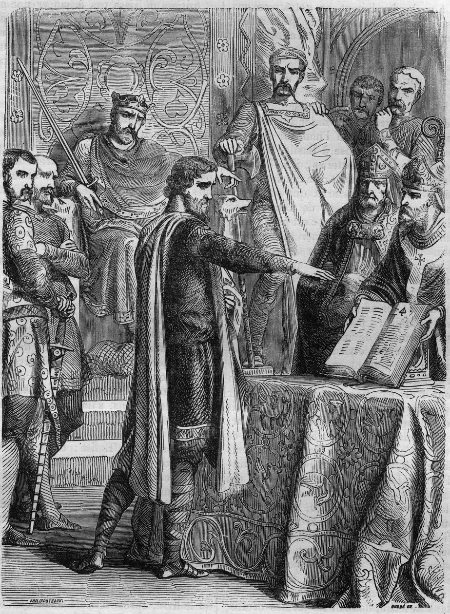 II. Lotharia (825-869) 869-ben Rómában II. Adrien pápa (792-872) előtt esküdött az evangéliumra. Maurice Lachatre „Histoire des Papes-Rois-Queen and Empereurs a travers les centuries” című könyvébe vésett. alkotó: French School