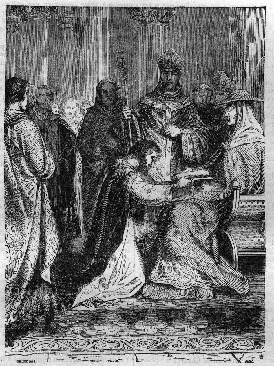 I. Lotharia (795-855) II. Adrián pápa (792-872) lábánál. Metszet a „Pápák-királyok-királynők és császárok története az évszázadokon keresztül” című könyvébe, Maurice Lachatre alkotó: French School