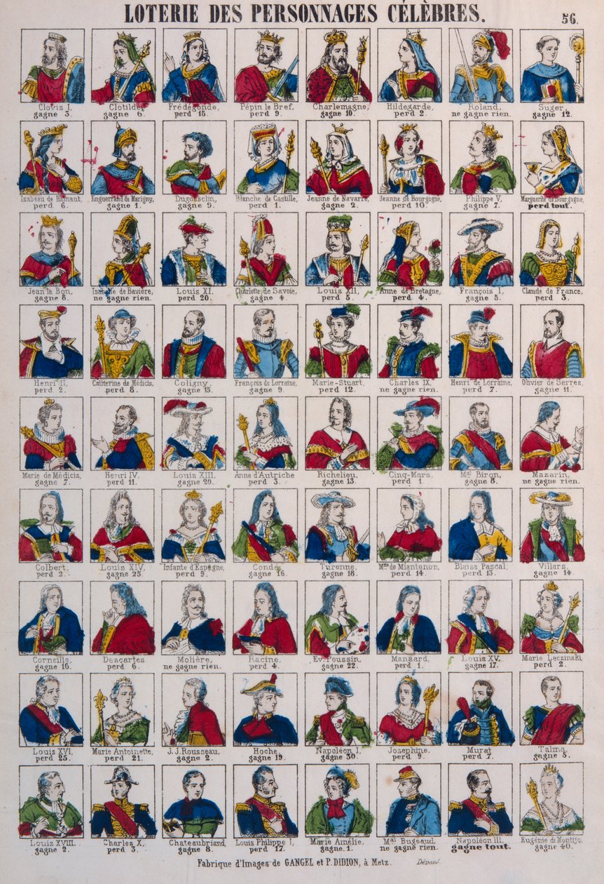 Ünnepelt személyek lottója, kiadó: Gangel & P. Didion, Metz, 1870 körül alkotó: French School